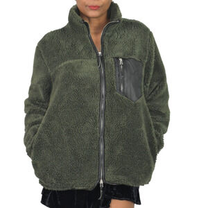 Anine Bing Ryder Faux Fur Jacket Green Olive Sherpa Teddy Plush Zip Front Small